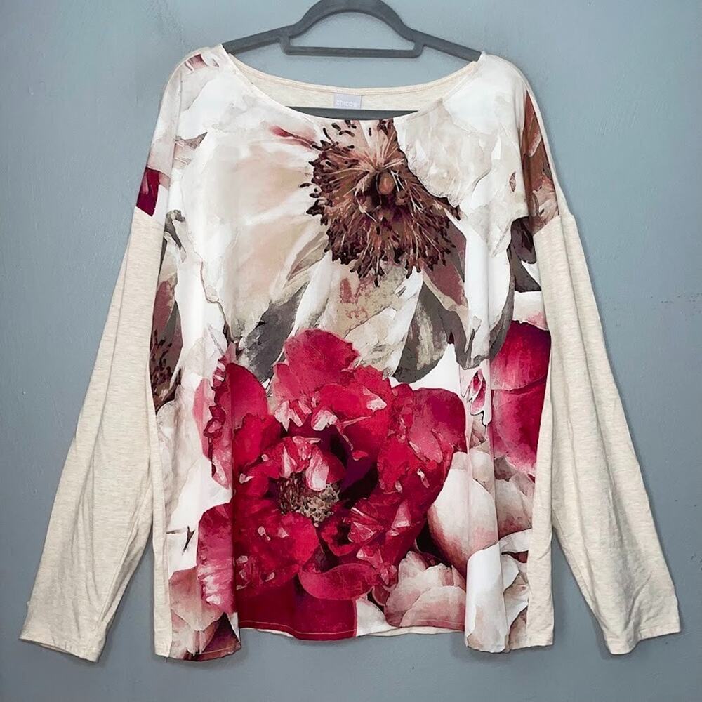 Chicos Top Womens 3 Size XL Watercolor Floral Preppy Chic Cottagecore Romantic